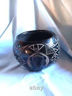 1980 Signedred Starnative American Indian Turquoise Studded Pottery Pot