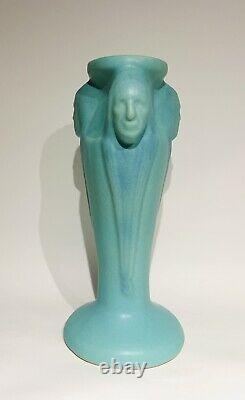 1985 Van Briggle Pottery Native American Indian Heads Turquoise Blue 12 Vase