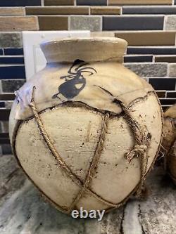 2 Native American Kokopelli Pottery Rustic Vase Rawhide Wrap design