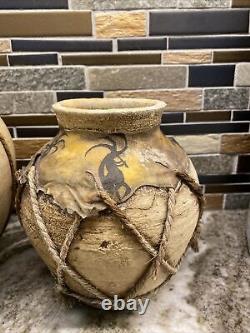 2 Native American Kokopelli Pottery Rustic Vase Rawhide Wrap design