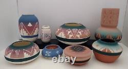 8pc Lot Native American Sioux Etched Pottery signed Eagle Hawk High Elk