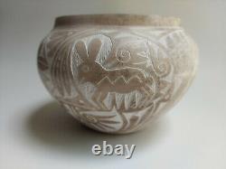 Acoma Pottery native American bowl, white etched geometric and animals signed