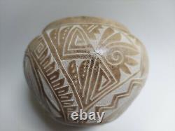 Acoma Pottery native American bowl, white etched geometric and animals signed