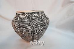 Acoma Pueblo Lona K Chino 1970s Fine Line Feather Flowers Geometric Pottery Vase
