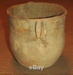 Ancient Native American Indian Caddo Pottery Strap Handled Brushed Jar Nice