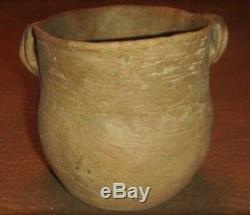 Ancient Native American Indian Caddo Pottery Strap Handled Brushed Jar Nice
