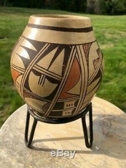 Antique Hopi Native American Pottery Vase by Collateta with Metal Stand