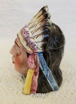 Antique Majolica Figurative Tobacco Head Jar Native American with Headdress 7075