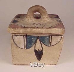 Antique SAN ILDEFONSO COVERED SQUARE POTTERY BOX w COLOR DECORATION, c. 1910-30s