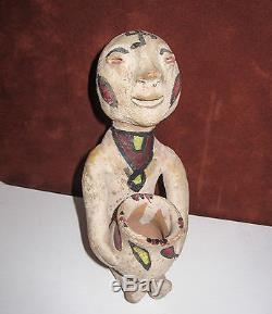 Antique Tesuque Pueblo Indian Rain God Pottery Effigy with Whirling Log on Head