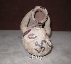 Antique Tesuque Pueblo Indian Rain God Pottery Effigy with Whirling Log on Head