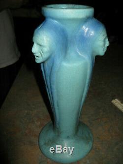 Antique VAN BRIGGLE Pottery Vase Three Face NATIVE AMERICAN Indian 11 3/4