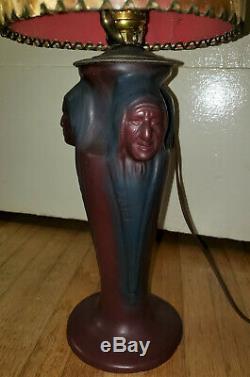 Antique VAN BRIGGLE Three Native American Indian Head Mulberry Lamp & Orig Shade
