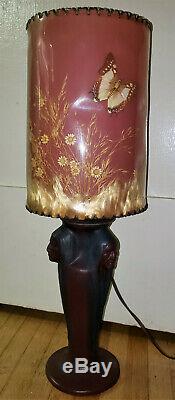 Antique VAN BRIGGLE Three Native American Indian Head Mulberry Lamp & Orig Shade
