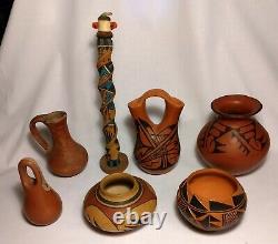 Authentic Vintage Native American Pottery & Wood Totem Pole 7pc lot
