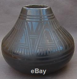 Black On Black San Ildefonso Pueblo Pottery Jar Or Vase 1955 Blue Corn Feather