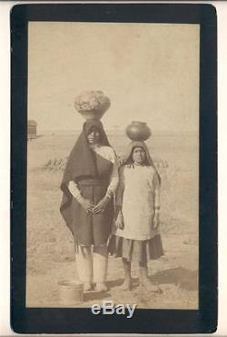 C 1880 TIWA INDIAN WOMEN BALLANCING POTTERY on HEAD, ISLETA PUEBLO, NM TERRITORY