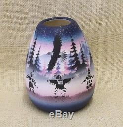 Cedar Mesa Native American Made Navajo Pottery Circle of Friends Vase in Blue