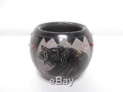 Coiled Santa Clara Pottery Native Indian Bear Pot By Norman Red Star died 2017