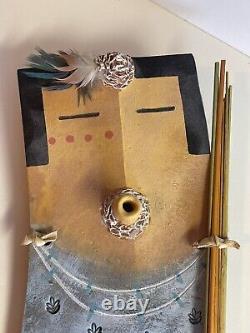 David K John Navajo Native American Ceramic Clay Yei Mask Painted & Feather