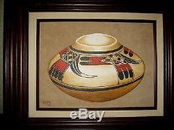 Erv Johnson Native American Southwest Hopi Pottery Pot Painting on Suede 19x16