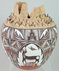 Fascinating Zuni People in Pueblo Village Wall Pottery Pot by Noreen Simplicio