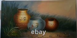 Hand Painted Southwester Native American Pottery Canvas Signed Thomas, Unframed