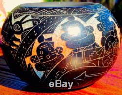 Handmade Acoma Native American Dalawepi Ergil Vallo Etched Black Rainbow Pot