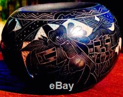 Handmade Acoma Native American Dalawepi Ergil Vallo Etched Black Rainbow Pot