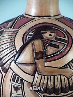 Hopi Indian Made 10.5 Kachina Incised Pot Pottery by Tom Polacca (1935-2003)