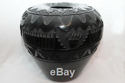 INCREDIBLE KINLICHENI NAVAJO POTTERY HUGE OLLA POT BLACK with TURQUOISE 16x16