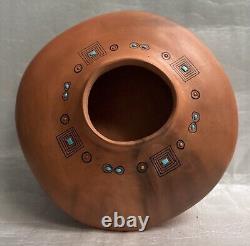 Imudges Native American Red Clay Pottery Bowl/ Center Piece With Precious Stones