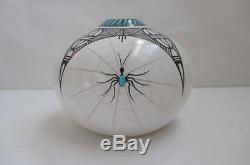 J. F. Gachupin Native American Hand Painted with Turquoise Spiders Pottery Seed Pot