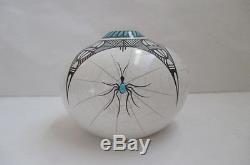 J. F. Gachupin Native American Hand Painted with Turquoise Spiders Pottery Seed Pot