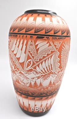 James Benally Navajo Native American Indian Large Carved Pottery Vase, Signed