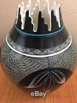 Jemez Pueblo Indian Pottery Vase Turquoise Beading Signed by J. F. Gachupin