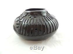 KINLICHENI NAVAJO POTTERY BLACK POT VASE with TURQUOISE INLAY