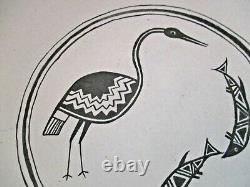 Mimbres Design Black on White Bowl with Crane and Fish Signed MF 1/95