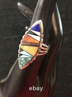 NATIVE AMERICAN (LAGUNA) MULTI COLOR INLAY STERLING SILVER RING Sz 6 s/Lincoln