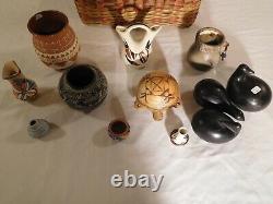 Native American 13 pc. Decorative Ceramic Pottery & Winnebago Basket Lot PIRAMDES