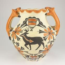 Native American Acoma Pottery Heartline Pot with Fox Handles, Mildred Antonio