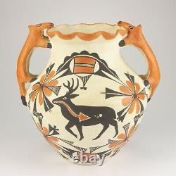 Native American Acoma Pottery Heartline Pot with Fox Handles, Mildred Antonio