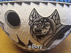 Native American Acoma Pueblo Hand Etched Wolf Pot by RLN Garcia