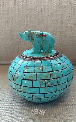 Native American Artist Randy Miller Handmade Turquoise Inlayed Pottery Pot Bowl