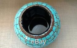 Native American Artist Randy Miller Handmade Turquoise Inlayed Pottery Pot Bowl