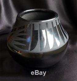 Native American Blackware Decorated Vase Feather Design, Desideria Montoya