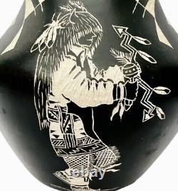 Native American Darrell Chino Acoma Santa Clara Pottery Etched Buffalo Dancer