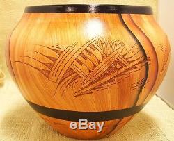 Native American Dwayne Blackhorse Handmade Pottery Wolf Design Extra Large Bowl