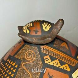Native American, Hand Coiled, Painted, Etched, Clay Crock Pot-Bernadette Poleahla