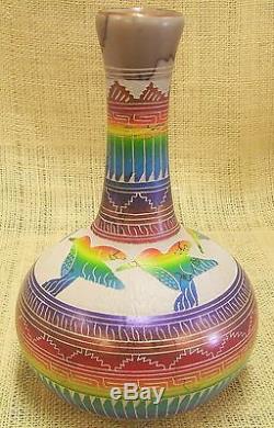 Native American Handmade Horsehair Pottery by Hilda Whitegoat Hummingbird Vase